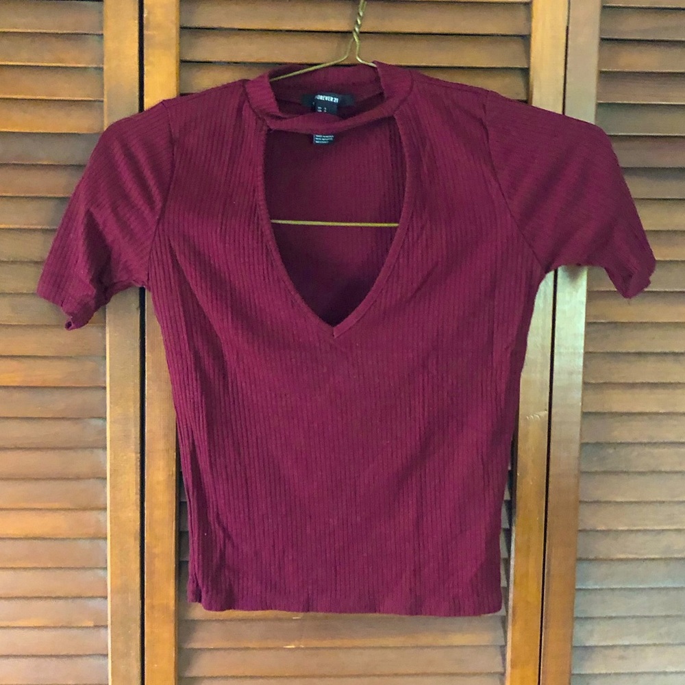 Forever 21 Cropped Burgundy V Neck Top